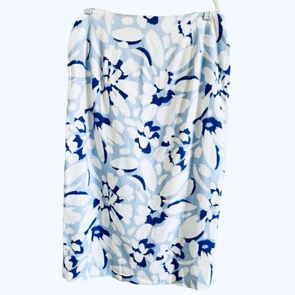 NWT Loft Linen Blend Midi Skirt Size 14 Blue Floral Tie Waist - Picture 2 of 7